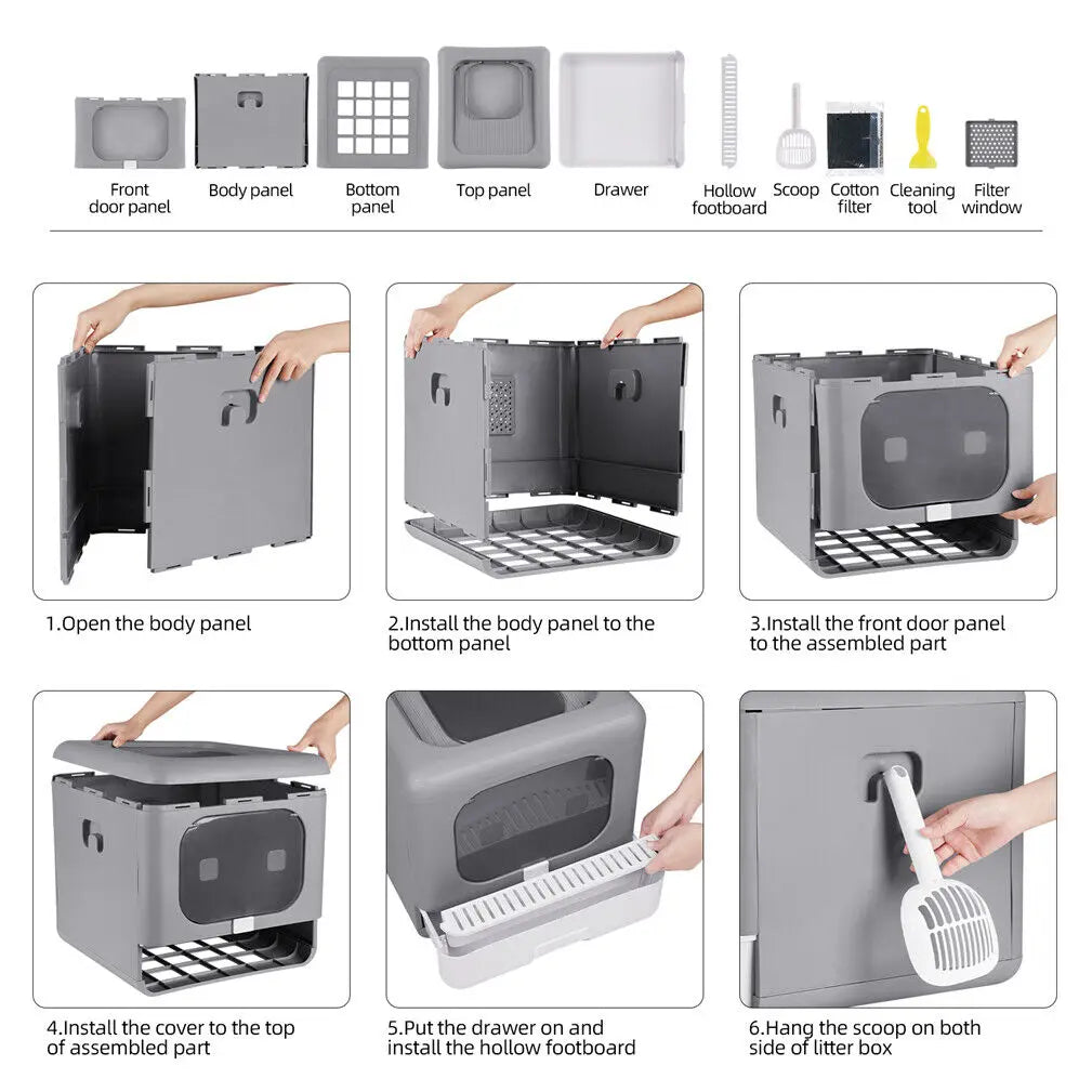 Cat Litter Box with Scoop and Tray Sifting Enclosed Foldable Detachable Pop Top & Front Entry