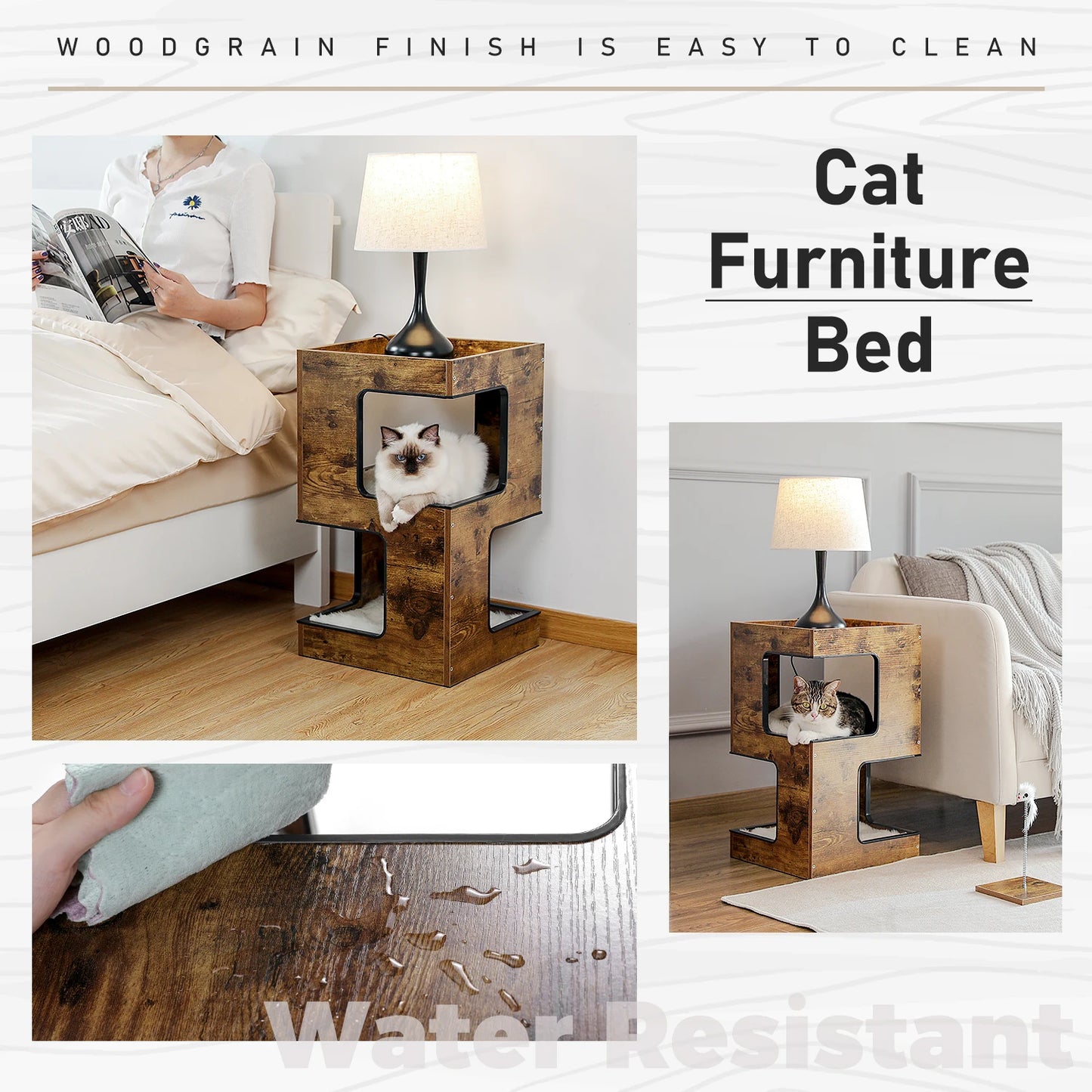 Wood Cat Condo Nightstand with Removable Soft Mats with Scratching Pad
