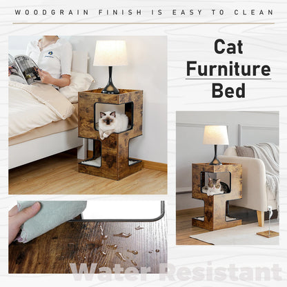 Wood Cat Condo Nightstand with Removable Soft Mats with Scratching Pad