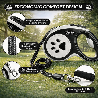 Retractable Dog Leash with 360° Tangle-Free Design, 16 ft Durable Nylon Tape, One-Handed Brake, Pause & Lock, Black