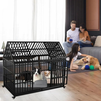 54" / 64" inch Heavy Duty Indestructible Dog Crate, Escape Proof Dog Cage Kennel with Lockable Wheels, High Anxiety Double Door