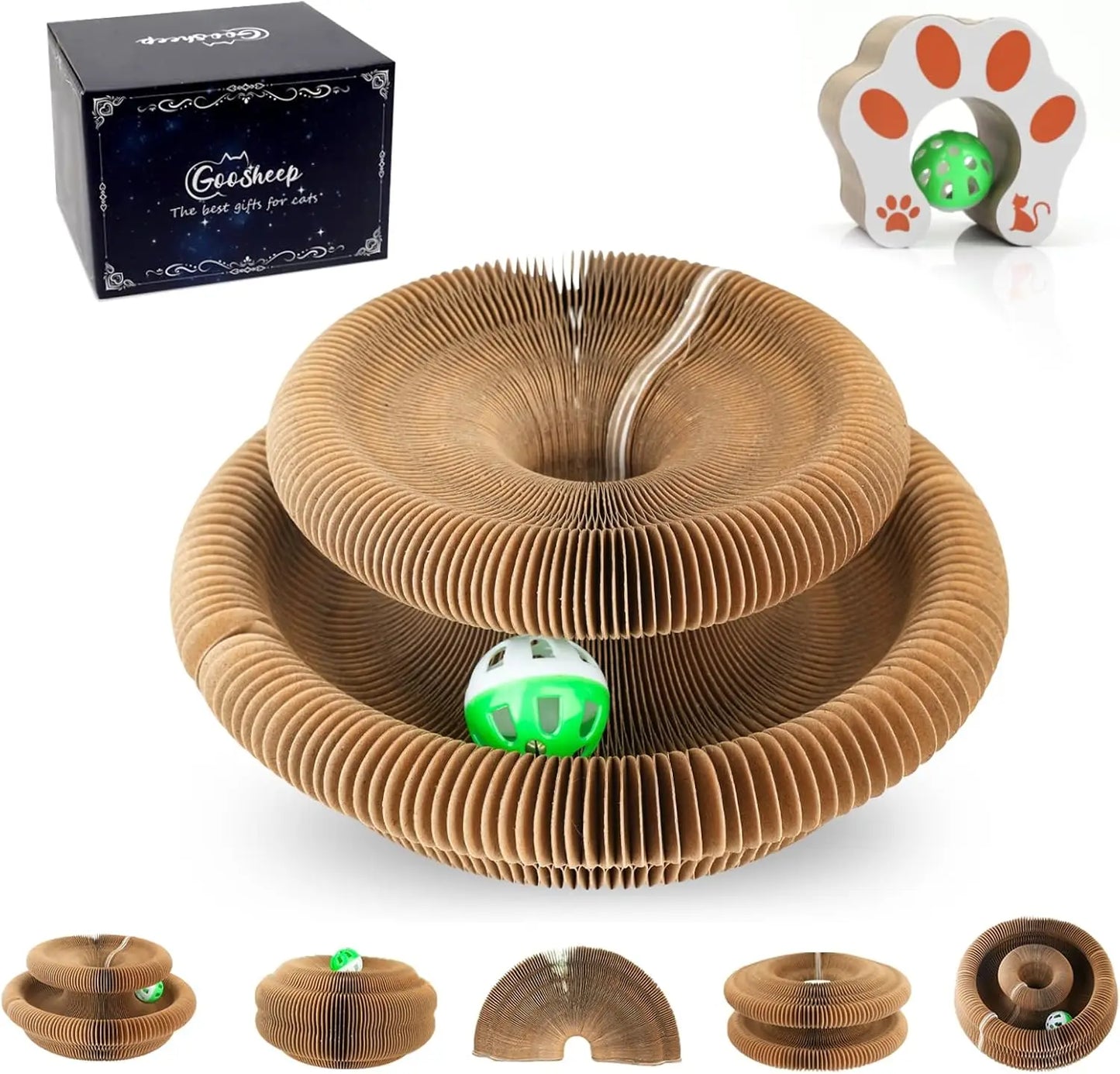 Foldable Cardboard Interactive Accordion Cat Scratcher Toy with Ball