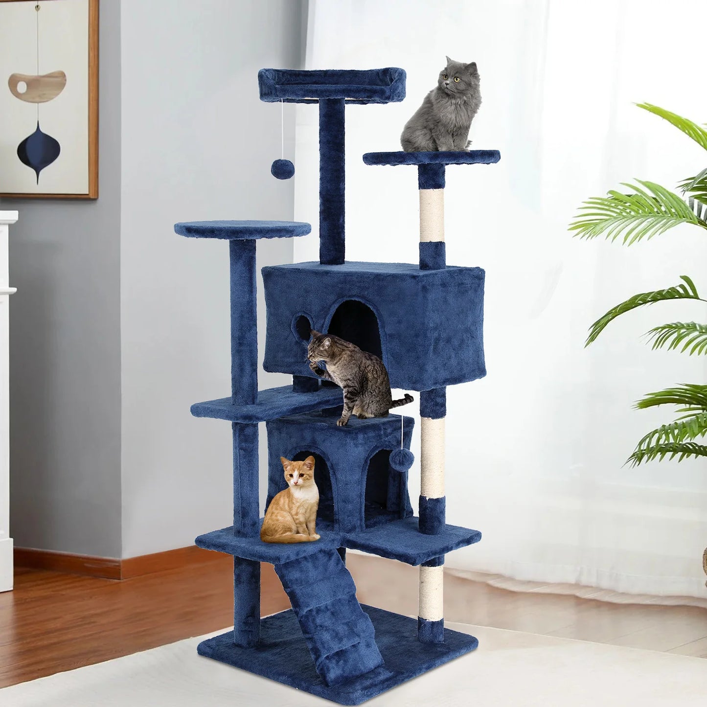 54/70 Inch Cat Tower Condo with Sisal-Covered Scratching Posts Dangling Balls