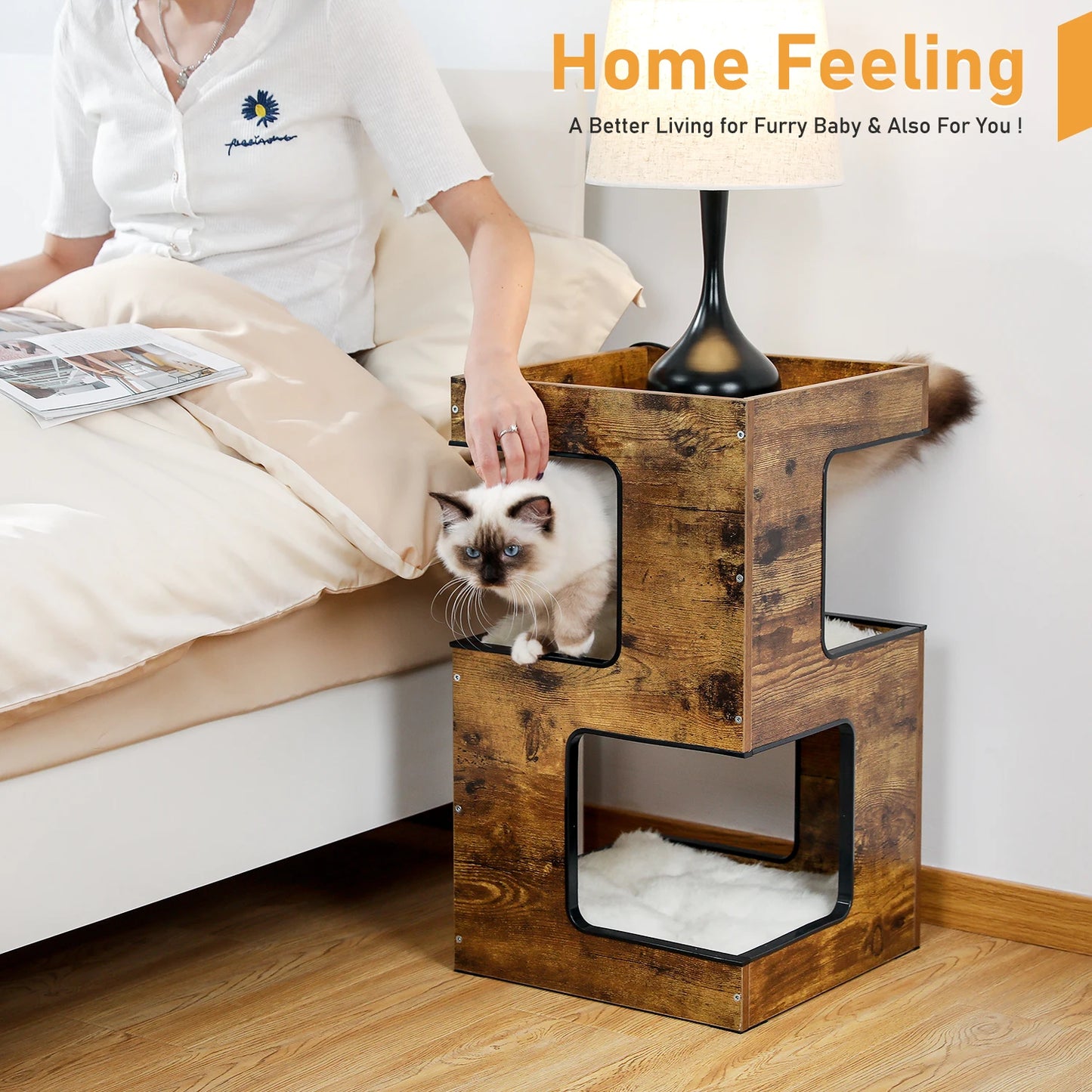 Wood Cat Condo Nightstand with Removable Soft Mats with Scratching Pad