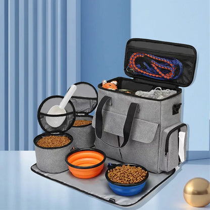 Pet Travel Bag Backpack Organizer for Week Away/Overnight, w/ 2 Food Bags 1 Waterproof Placemat 2 Foldable Bowls