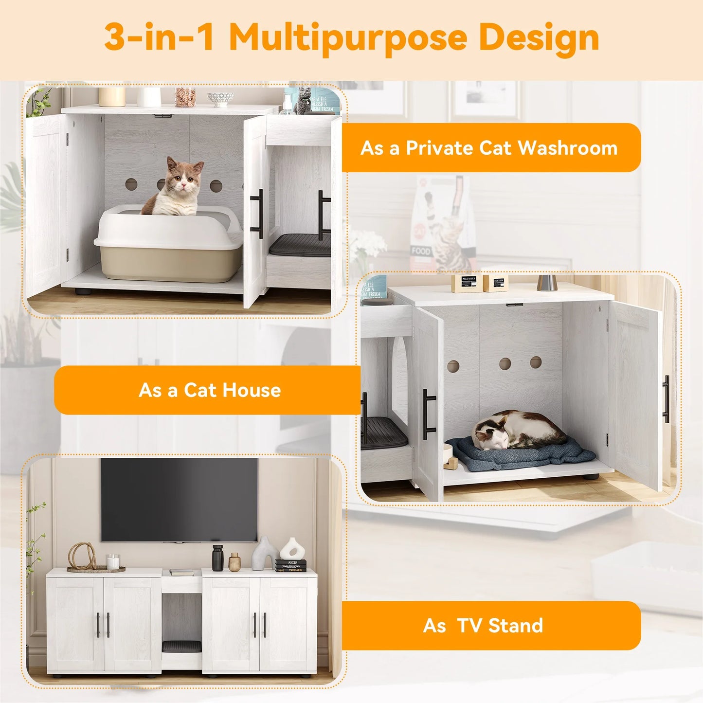 Double Cat Litter Box TV Stand 3 Colors