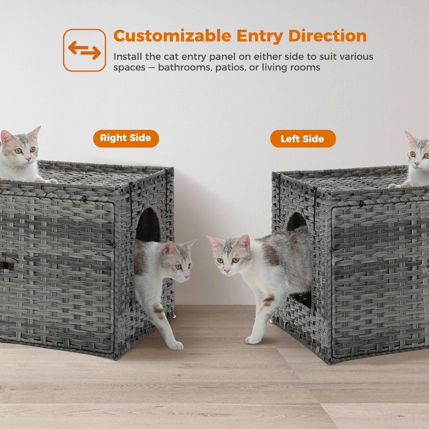 Rattan Cat Litter Box Enclosure Furniture with Door, Hidden Litter Odor Control