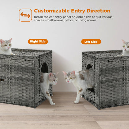 Rattan Cat Litter Box Enclosure Furniture with Door, Hidden Litter Odor Control