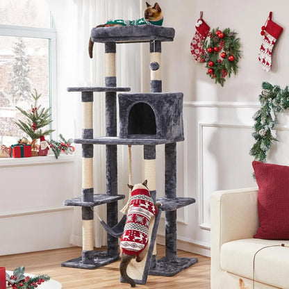 Large Multi-Level Cat Tree, 63 Inches Tall with Sisal-Covered Scratching Posts, Condo, Hammock, Dangling Balls