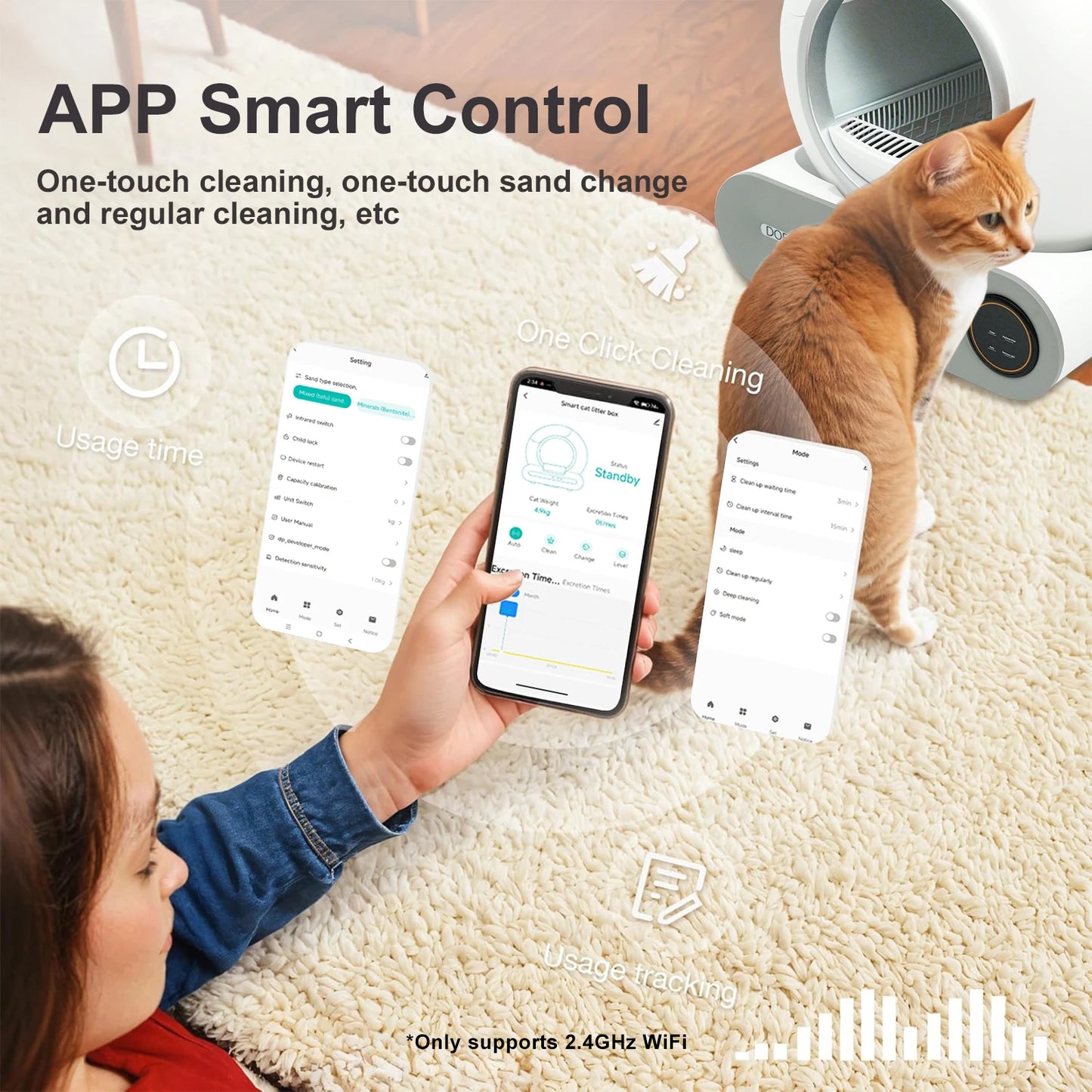 Self Cleaning Cat Litter Box 65L Automatic with Trash Bag & Litter Mat Smart Cat Toilet App Control 2.4G WiFi