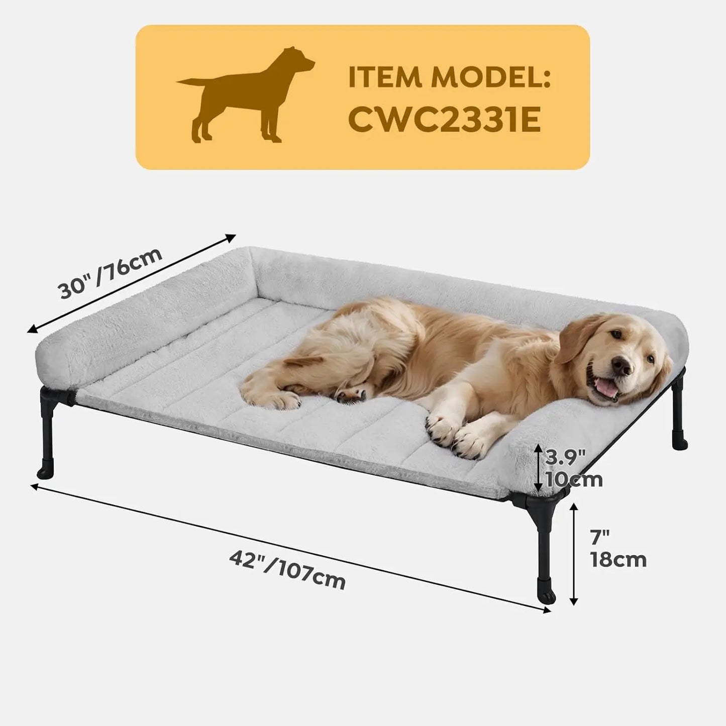 Elevated Orthopedic Dog Bed with Plush Bolster, Removable Washable Mat, Non-Slip Feet, Grey