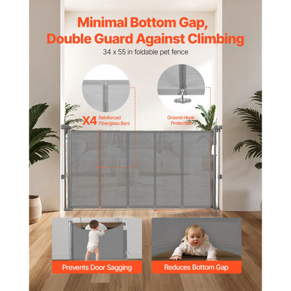 55/71/110in Retractable Baby Gate 34in Tall Extends Wide Retractable Gate for Kids Pets Mesh Material Easy to Install