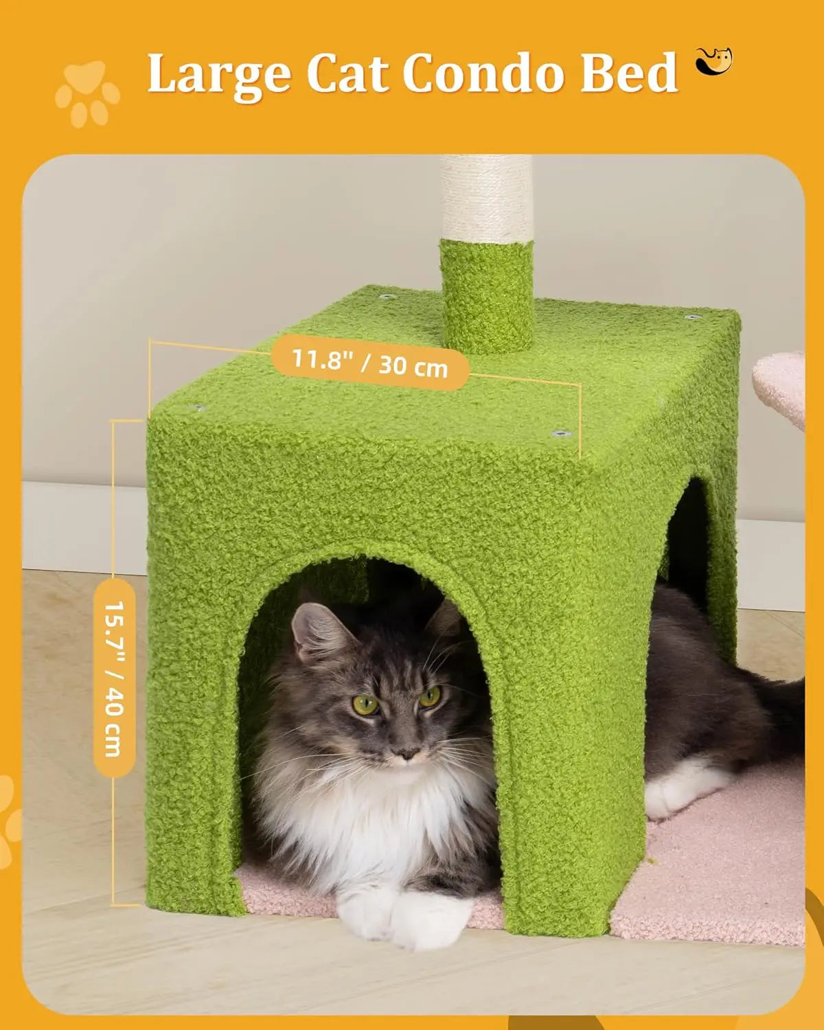 Large Cat Tree with 2-Door Condo, Scratching Posts, Floral Perch & Hammock for Adult Cats, Green Pink