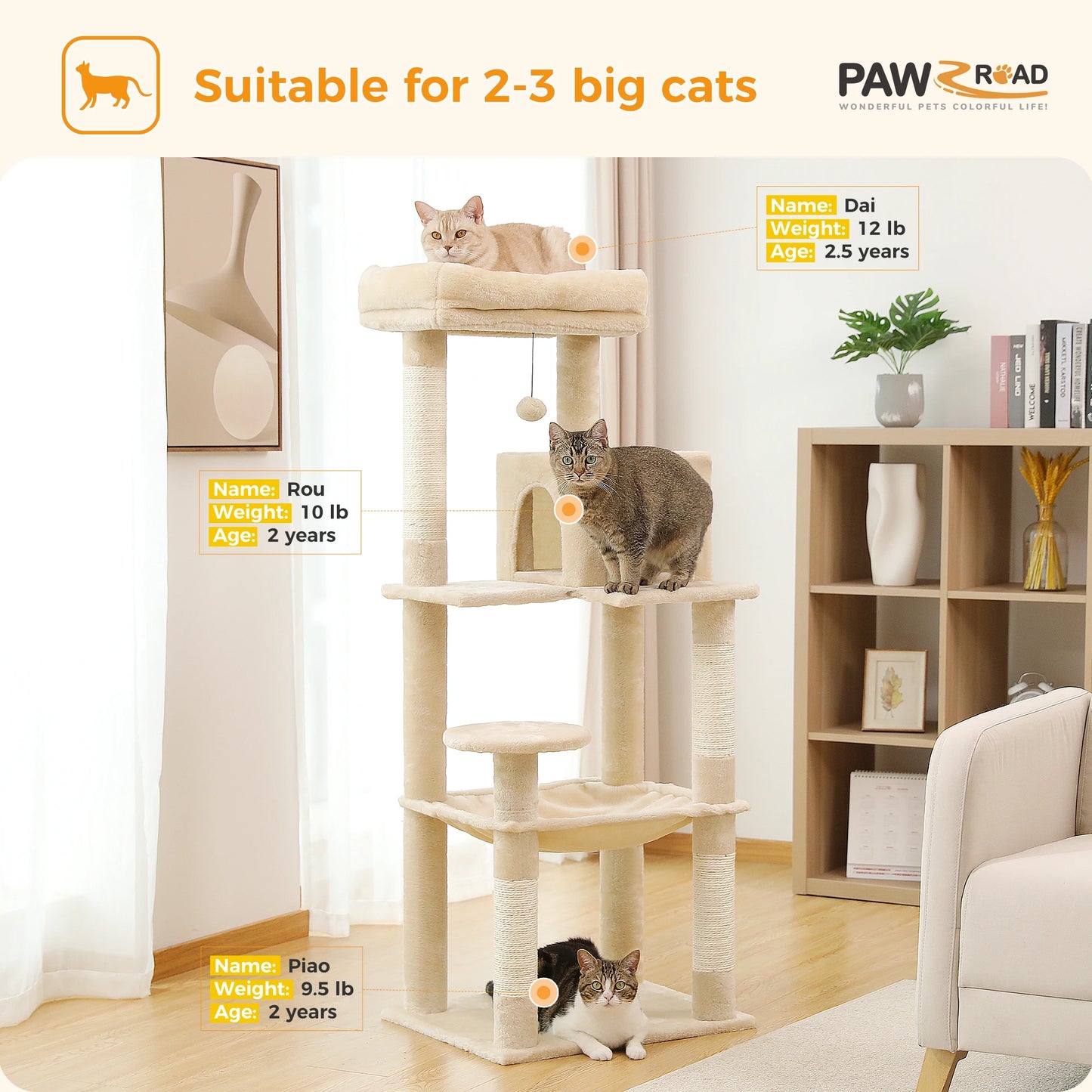 4-Level Cat Tower for Large Cats with Large Hammock Sisal Covered Scratching Posts Cozy Condo Top Perch