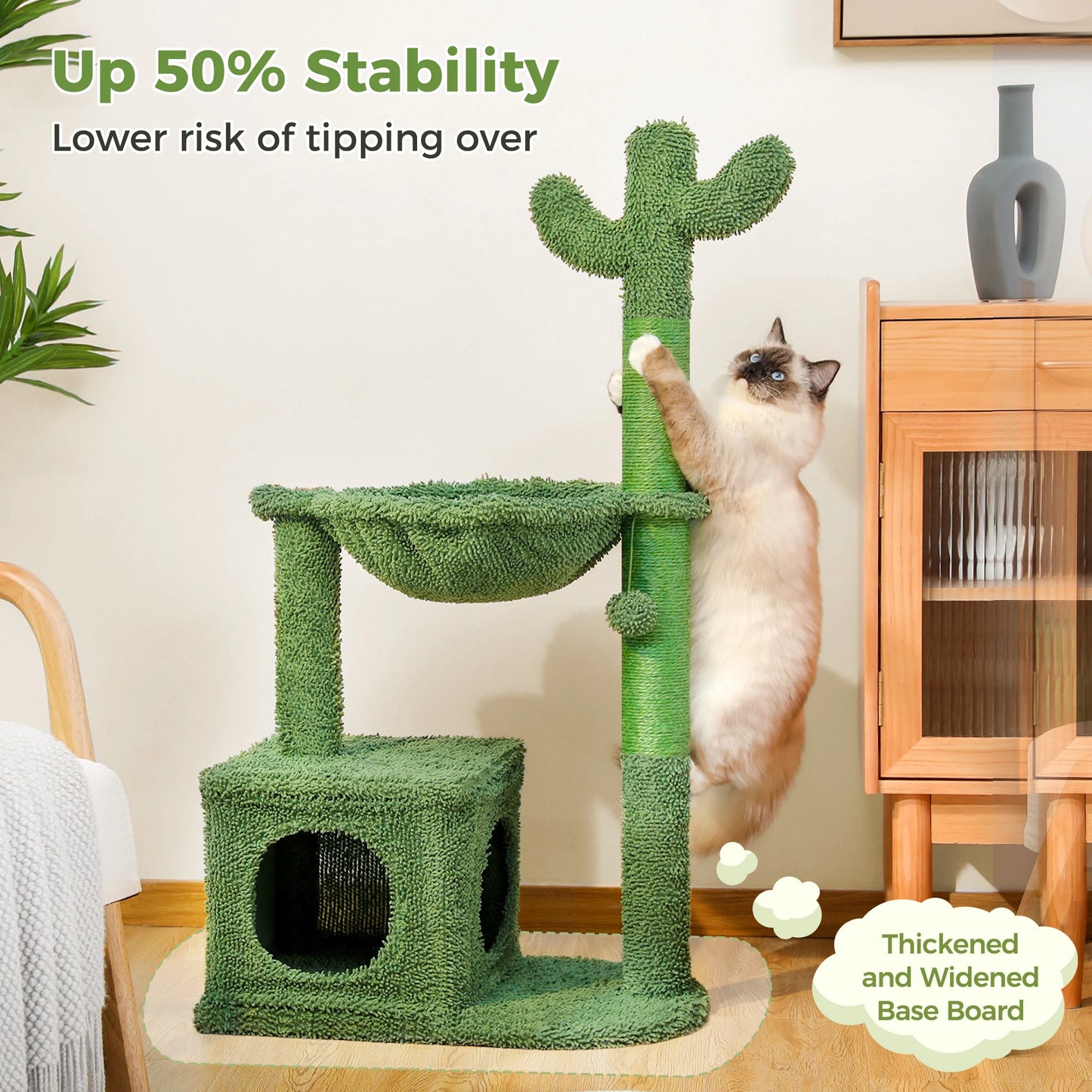 Cactus Cat Tree with Large Condo, Hammock, Dangling Ball, Small Cat Tower, Cat Scratching Post for Indoors