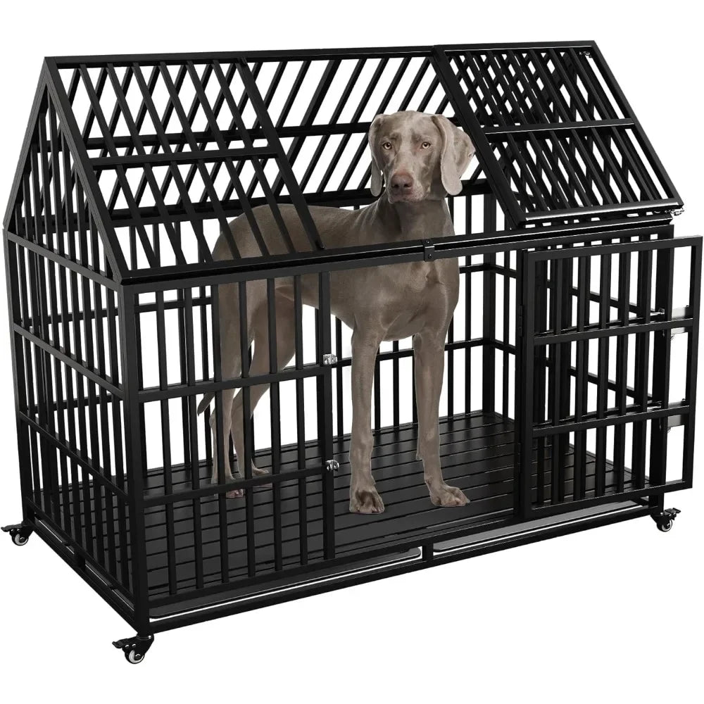 54" / 64" inch Heavy Duty Indestructible Dog Crate, Escape Proof Dog Cage Kennel with Lockable Wheels, High Anxiety Double Door