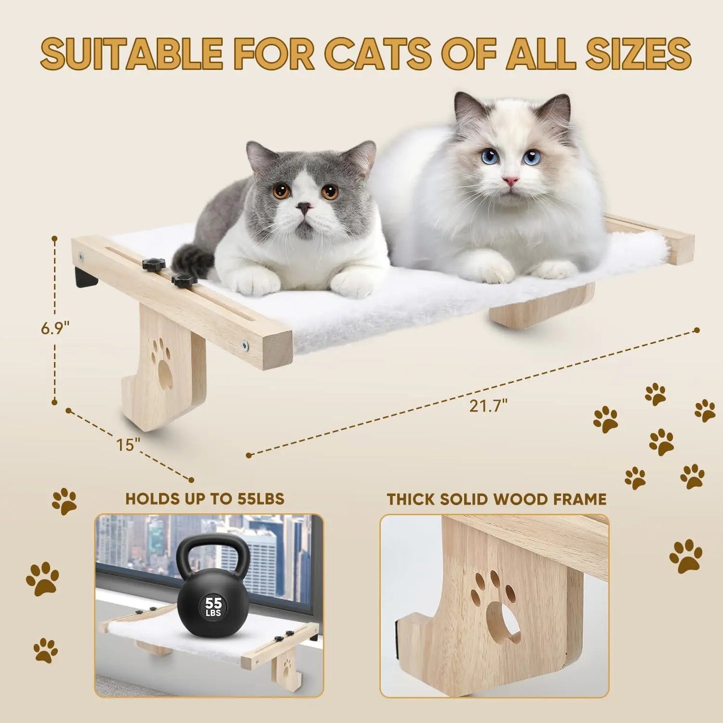 Cat Window Hammock, for Indoor Cats, wooden and metal frame, easy to adjust