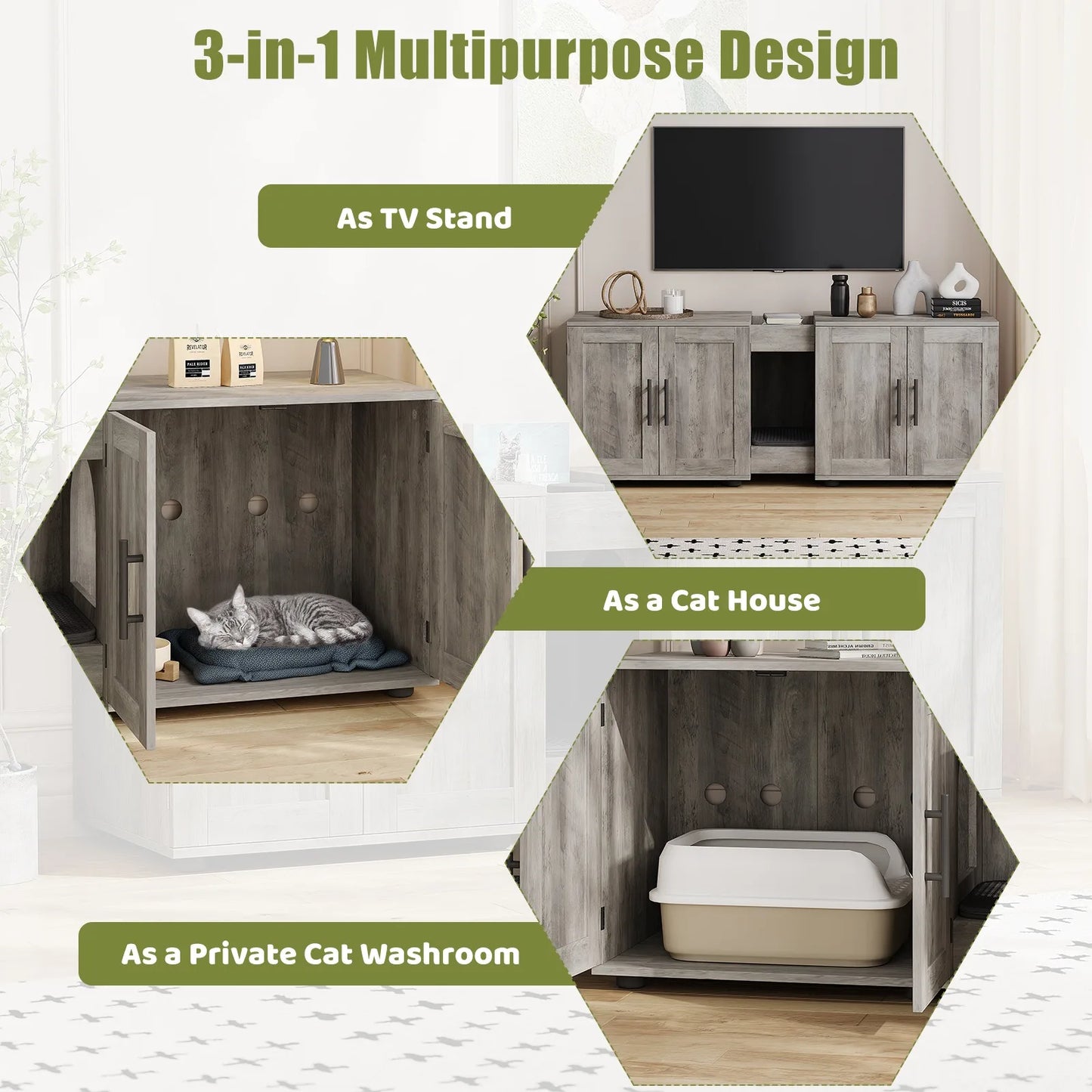 Double Cat Litter Box TV Stand 3 Colors