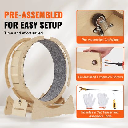 Wooden Cat Treadmill Wheel for Indoor Cat Running Wheel with Detachable Carpet & Cat Teaser