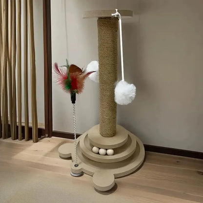 Cat Scratching Post with Teaser Wand, Wear-Resistant Sisal Scratcher Turntable
