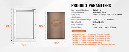 Pet Door Aluminum Frame with Lock and Flap System Weatherproof Doggy Door Easy to Install in Interior or Exterior Doors