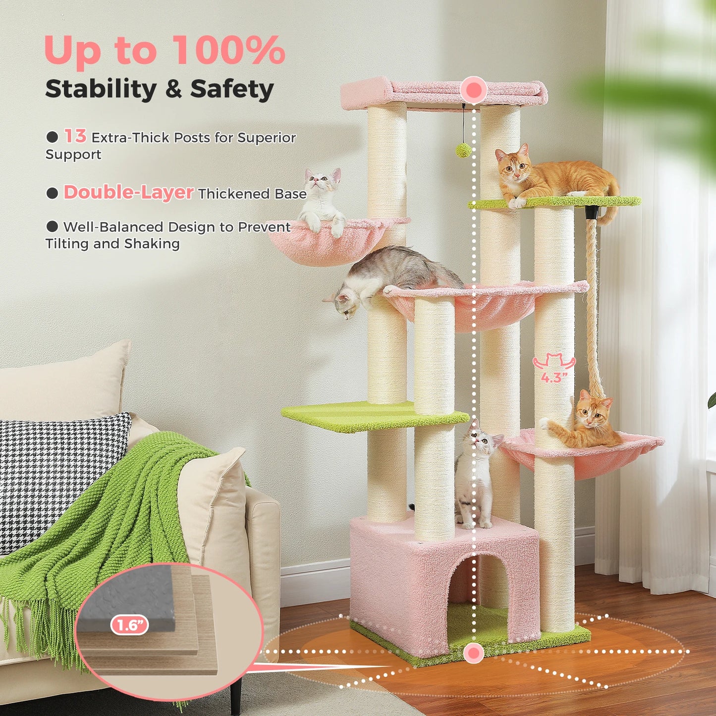 Large Cat Tree for Big Cats, Robust with Several Levels  with Hammock 11 Sisal Posts Large Perch