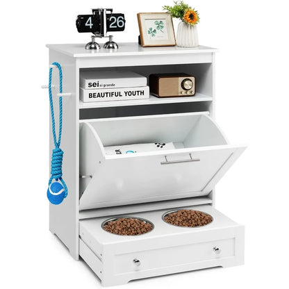 Pet Feeder Station, Dog Food Storage Container with Double Pull Out Dog Bowls, Pet Food Toy Cabinet,