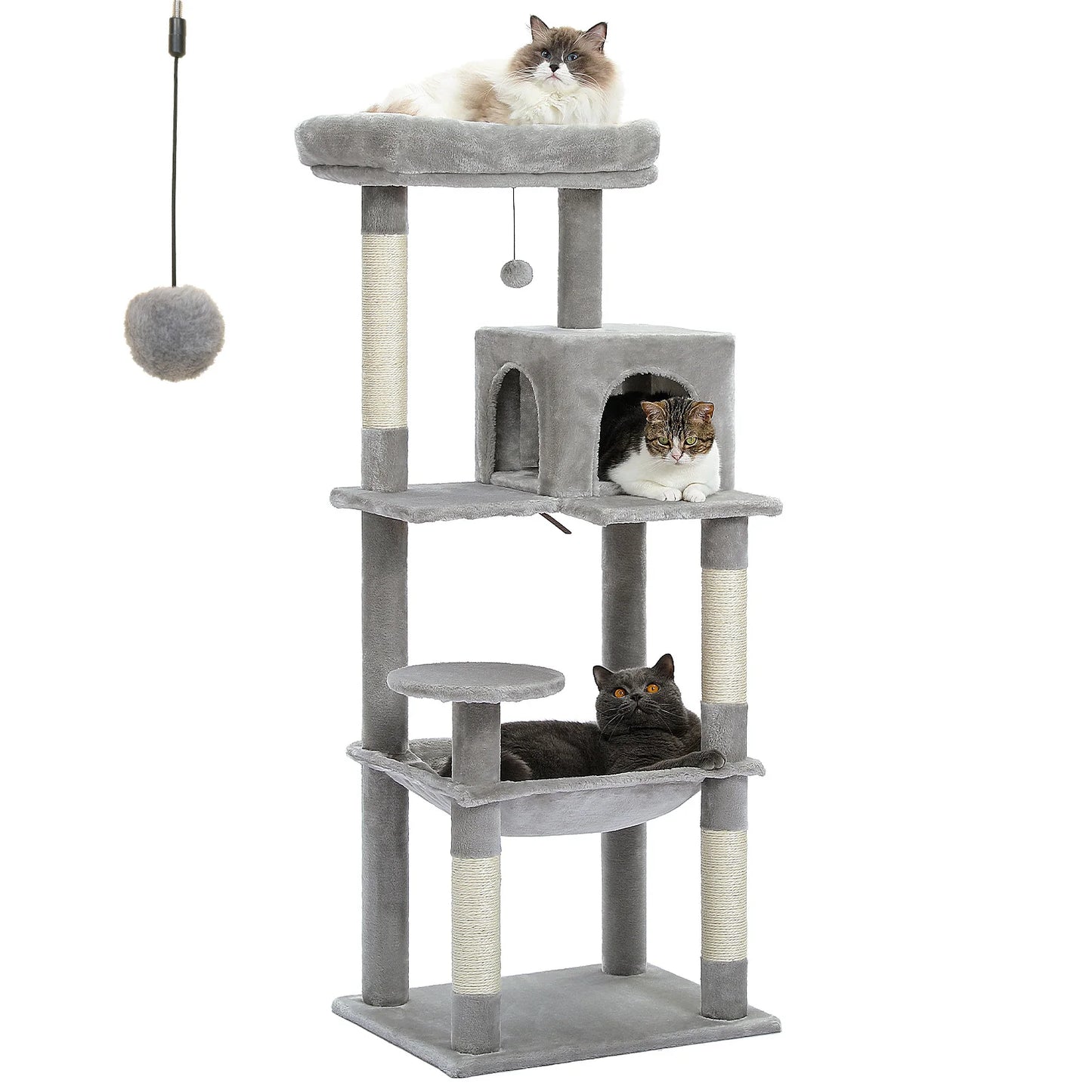 4-Level Cat Tower for Large Cats with Large Hammock Sisal Covered Scratching Posts Cozy Condo Top Perch