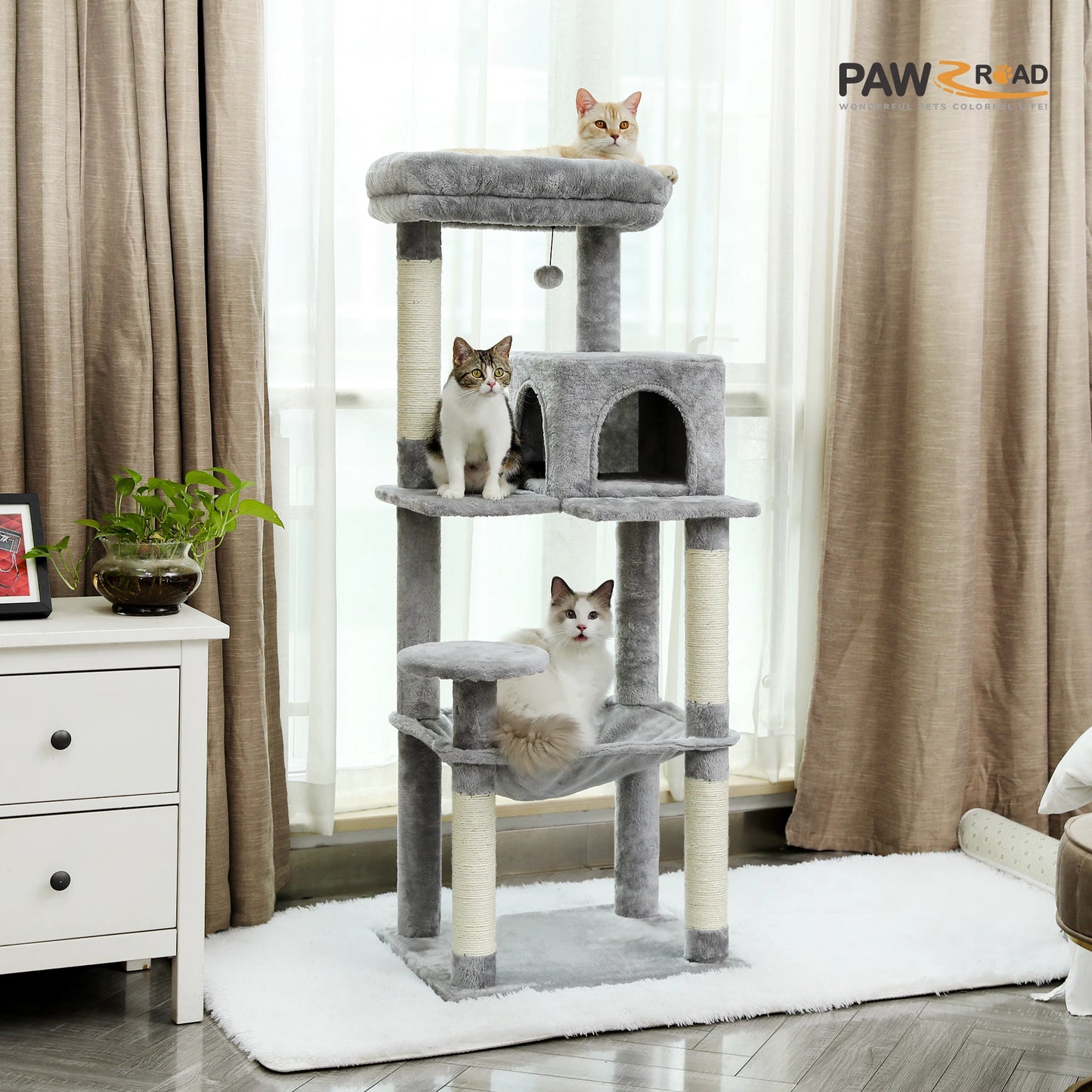 4-Level Cat Tower for Large Cats with Large Hammock Sisal Covered Scratching Posts Cozy Condo Top Perch