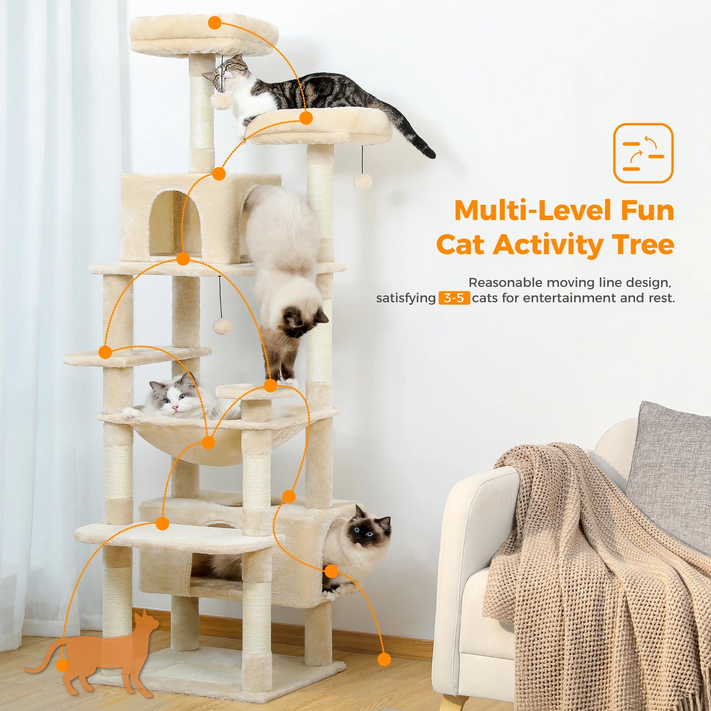Large Cat Towers 3 Sizes for Indoor Cats With Sisal-Covered Scratching Posts Spacious Hammock, Padded Perches, and Condos