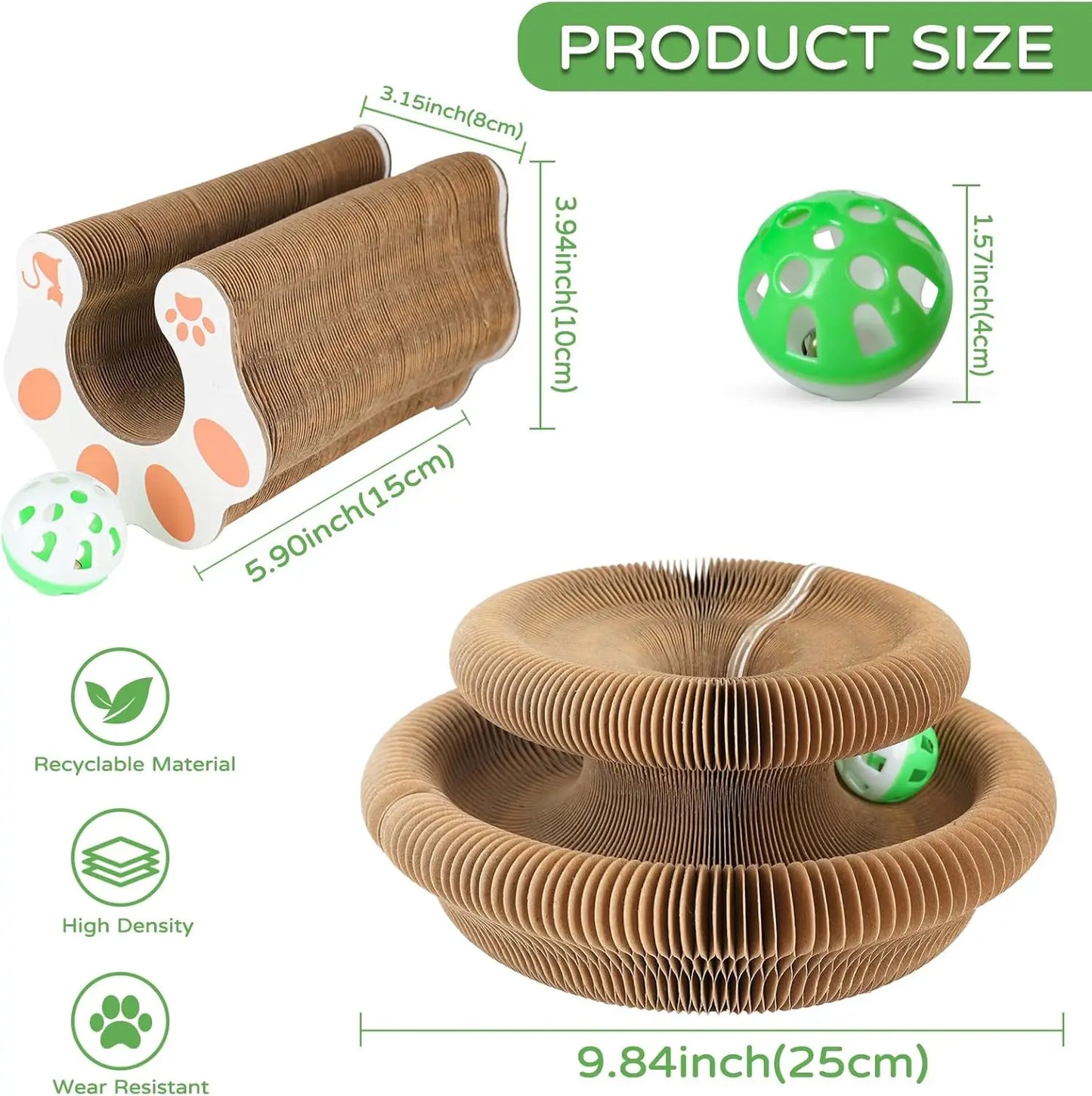 Foldable Cardboard Interactive Accordion Cat Scratcher Toy with Ball