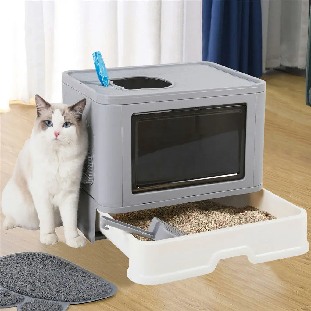 Foldable Cat Litter Box Front Entry & Top Exit, Litter Scoop Enclosed