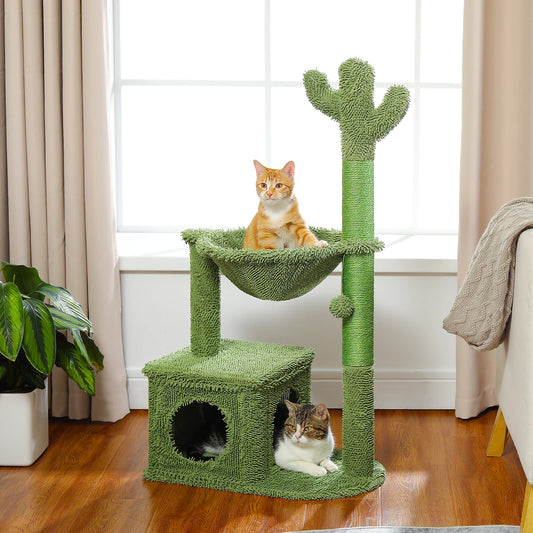 Cactus Cat Tree with Large Condo, Hammock, Dangling Ball, Small Cat Tower, Cat Scratching Post for Indoors