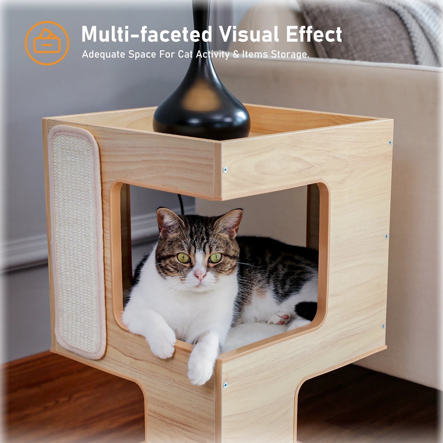 Wood Cat Condo Nightstand with Removable Soft Mats with Scratching Pad
