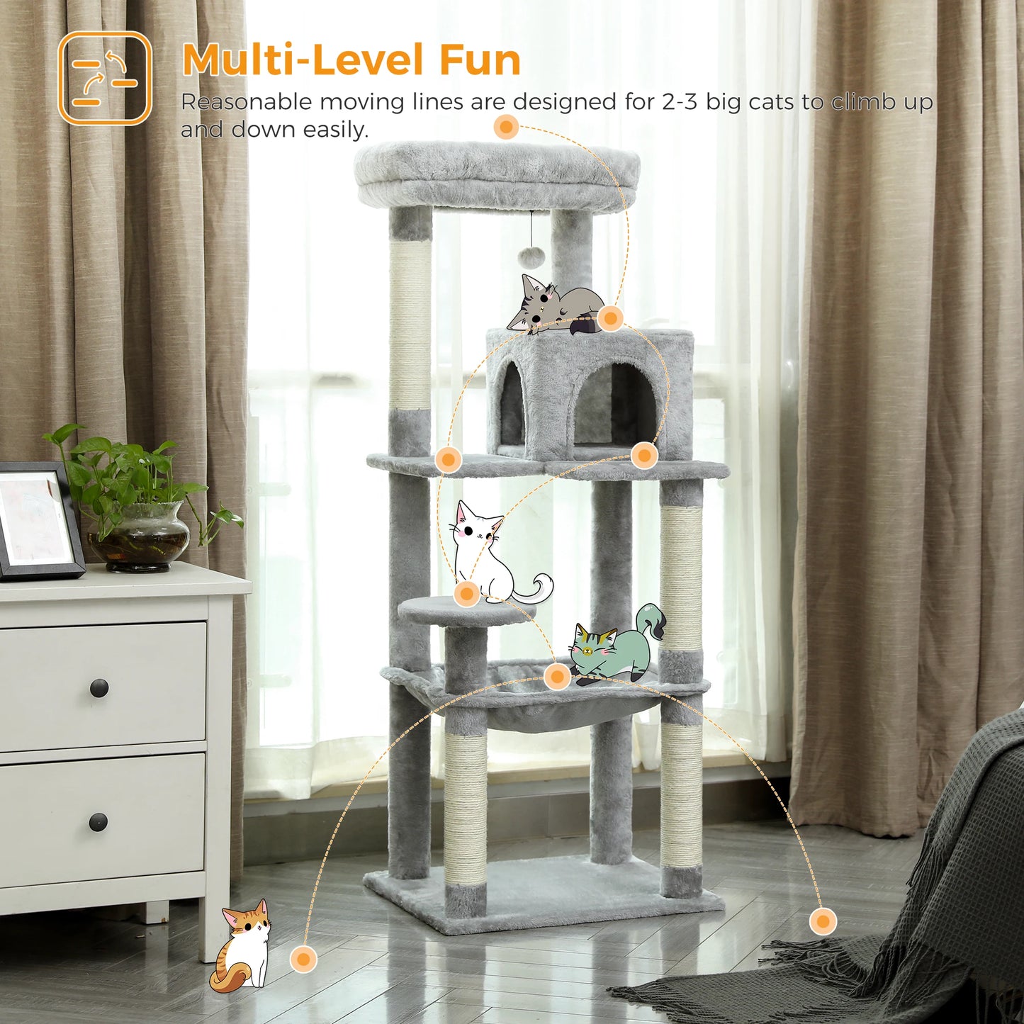 4-Level Cat Tower for Large Cats with Large Hammock Sisal Covered Scratching Posts Cozy Condo Top Perch