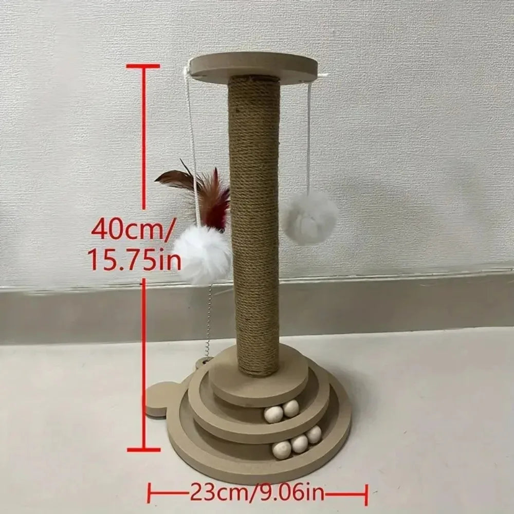 Cat Scratching Post with Teaser Wand, Wear-Resistant Sisal Scratcher Turntable