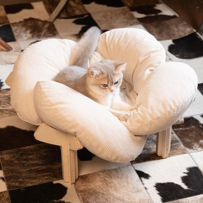 Elevated Cat Bed Wooden with Cushion Fluffy Pet Couch Sofa for Indoor Lounge Chair