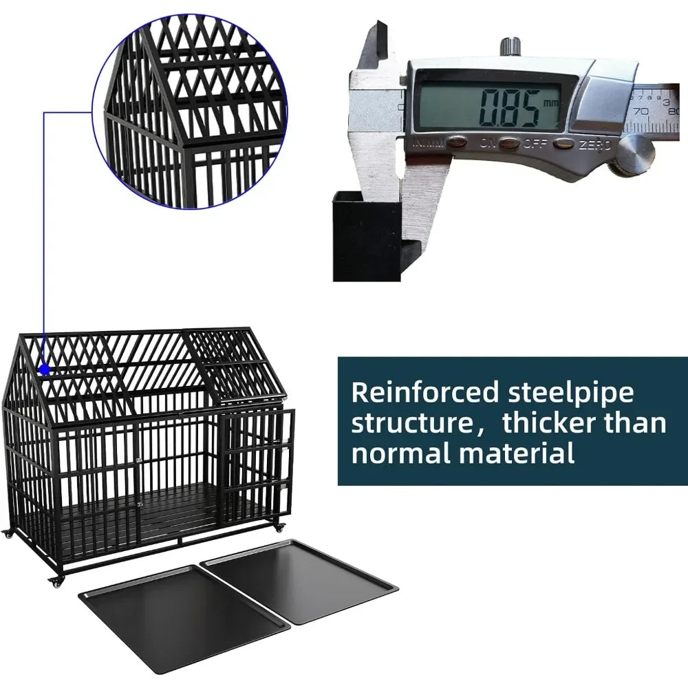 54" / 64" inch Heavy Duty Indestructible Dog Crate, Escape Proof Dog Cage Kennel with Lockable Wheels, High Anxiety Double Door