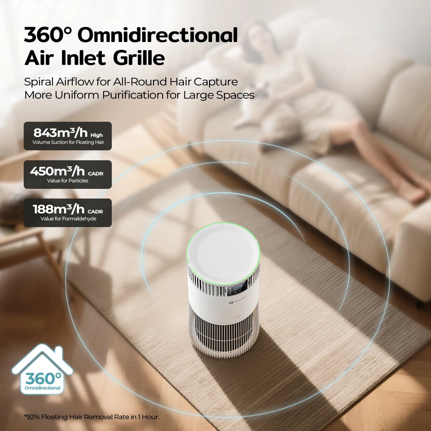 P2 Air Purifier for Pet Allergy Sufferers 843 m³/h Pet Hair Removal 450 CADR 99% Odor Neutralization H13 Filter