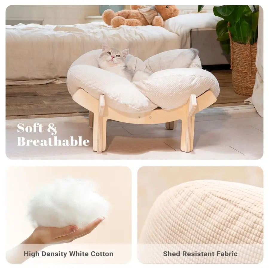 Elevated Cat Bed Engineered Wood with Cushion Fluffy Pet Couch Sofa for Indoor Lounge Chair