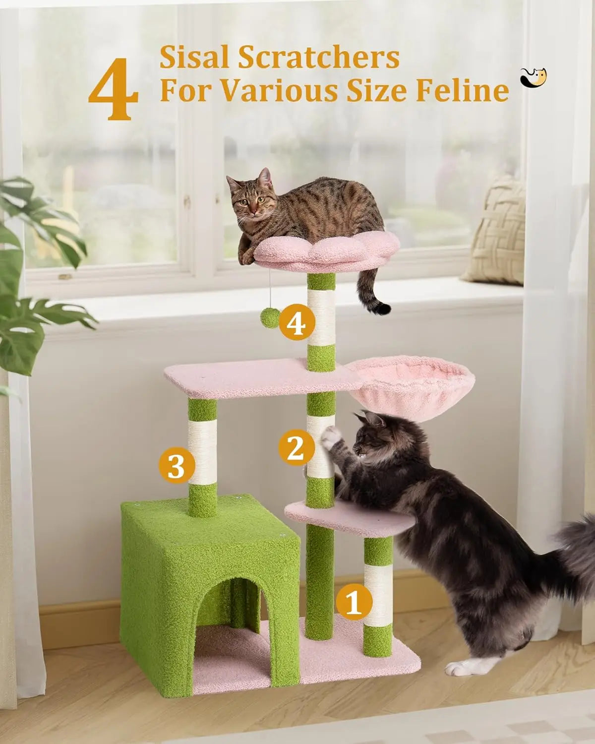 Large Cat Tree with 2-Door Condo, Scratching Posts, Floral Perch & Hammock for Adult Cats, Green Pink
