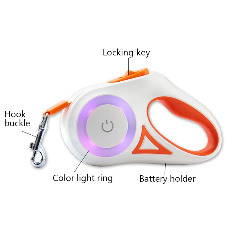 16' Automatic Retractable Dog Leash with Led Flashlight Durable Nylon Lead