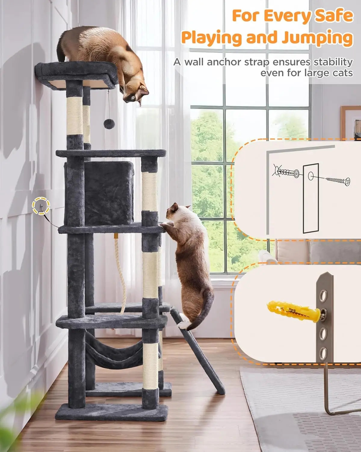 Large Multi-Level Cat Tree, 63 Inches Tall with Sisal-Covered Scratching Posts, Condo, Hammock, Dangling Balls