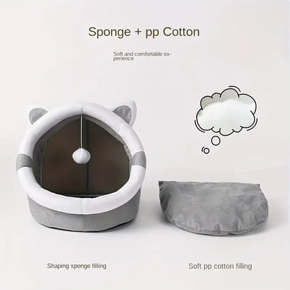 Comfortable Cartoon Cat House with Removable Plush Pad