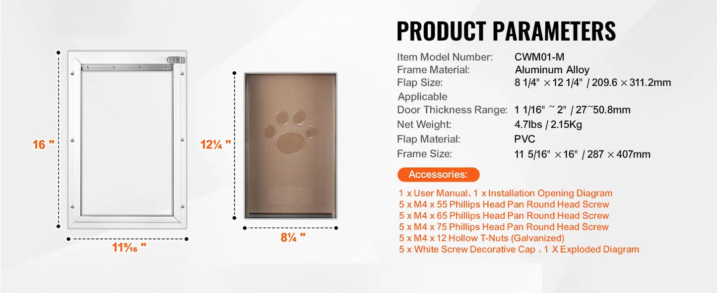 Pet Door Aluminum Frame with Lock and Flap System Weatherproof Doggy Door Easy to Install in Interior or Exterior Doors