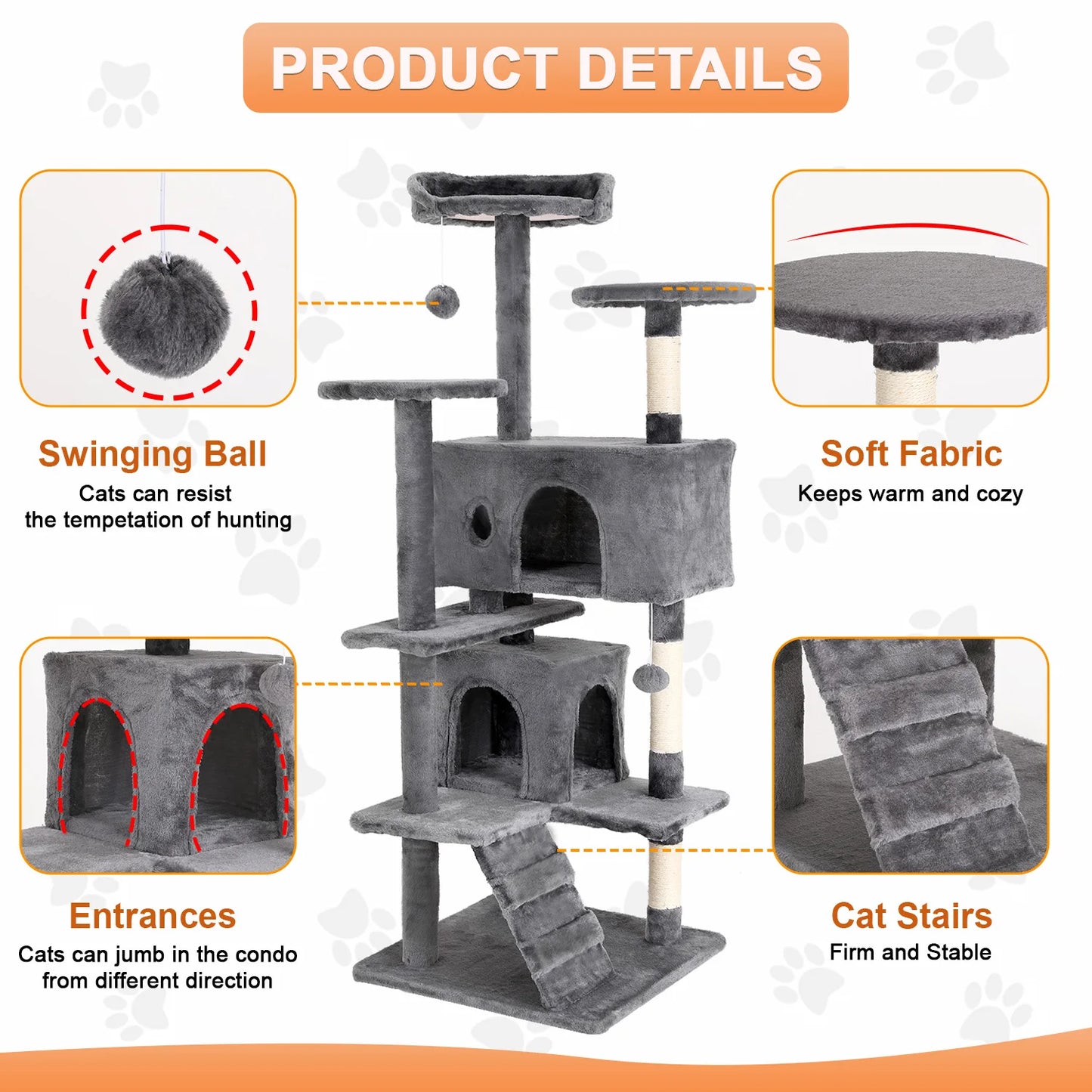 54/70 Inch Cat Tower Condo with Sisal-Covered Scratching Posts Dangling Balls