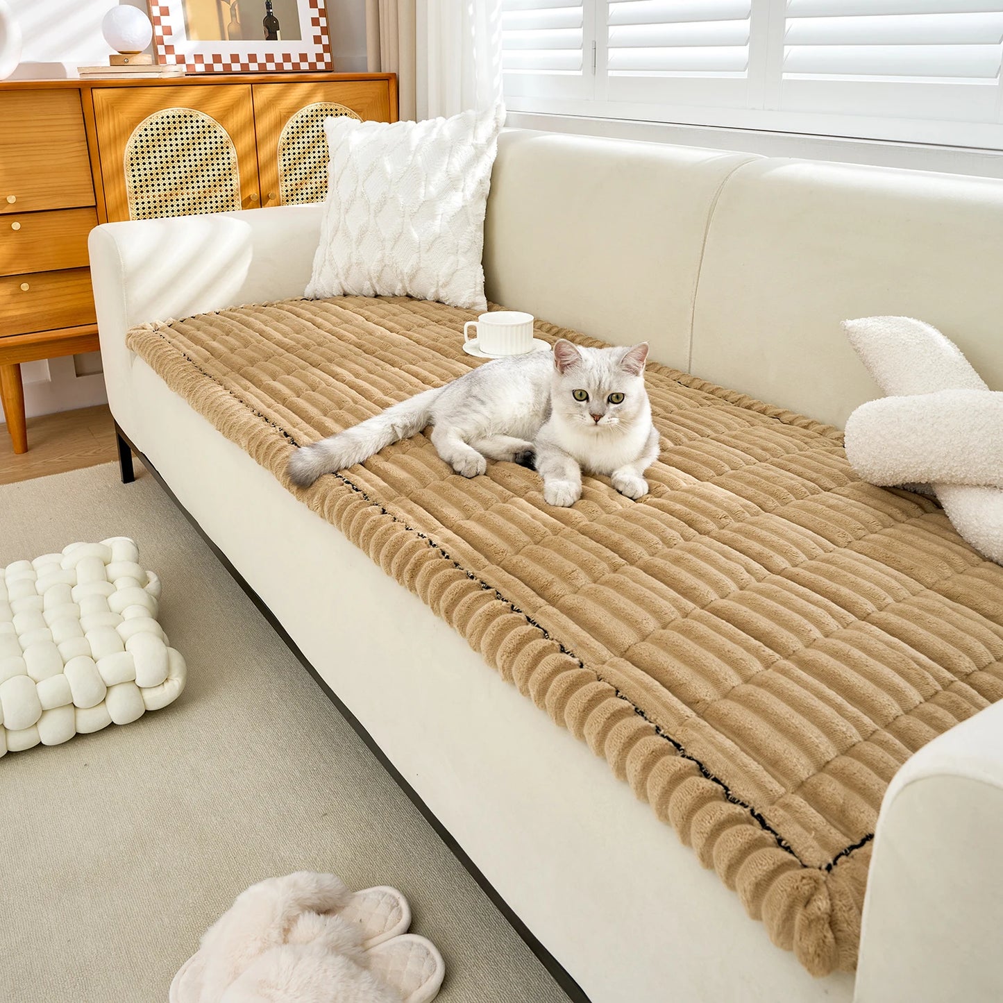 1pc modern minimalist thick plush sofa cover, non-slip design, quilted