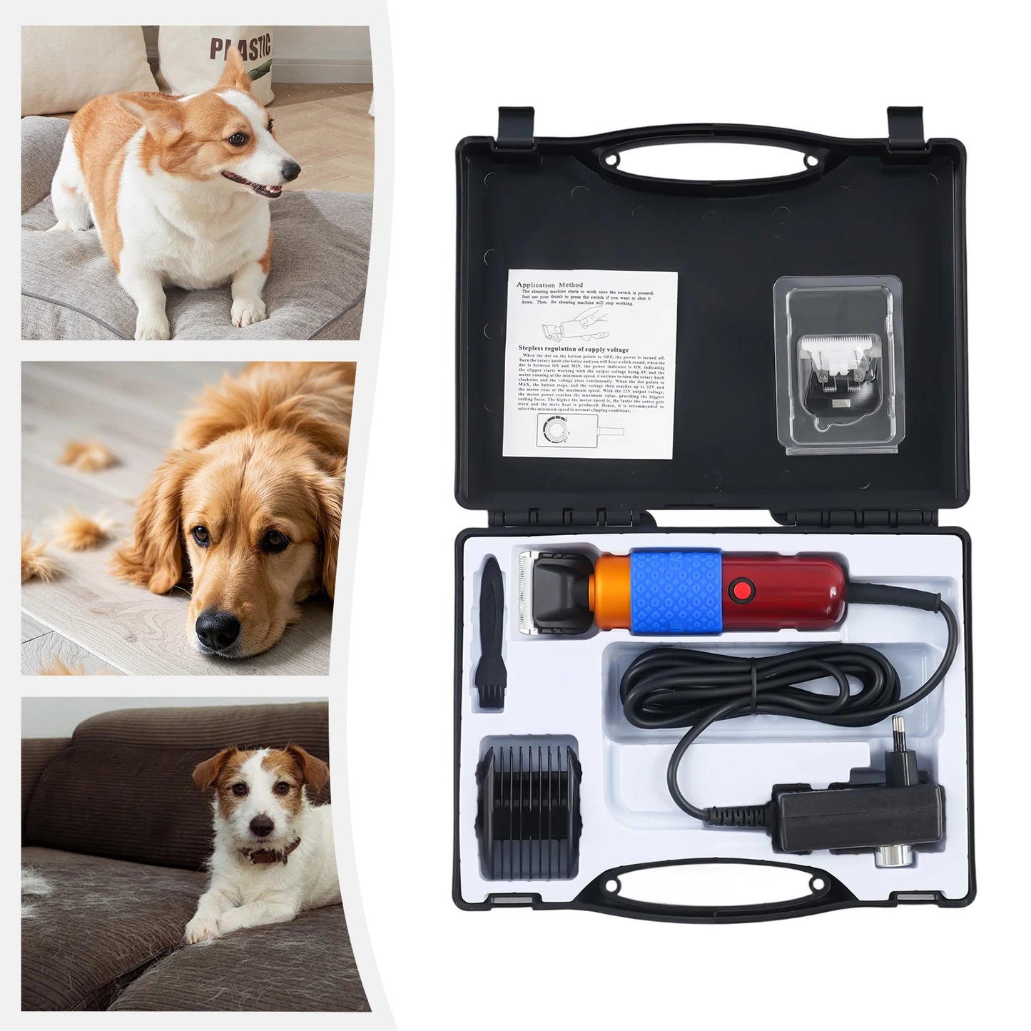 36W Professional Dog Clipper Grooming Kit Adjustable Comb & Detachable Blades Trimmer