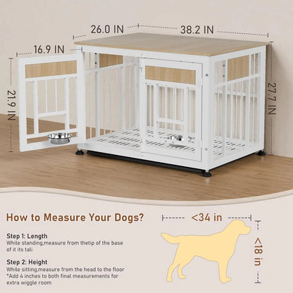 Dog Crate Furniture End Table, 38 Inch Hidden Kennel Cabinet with Removable Tray, Thickened Metal Frame Dog Cage,