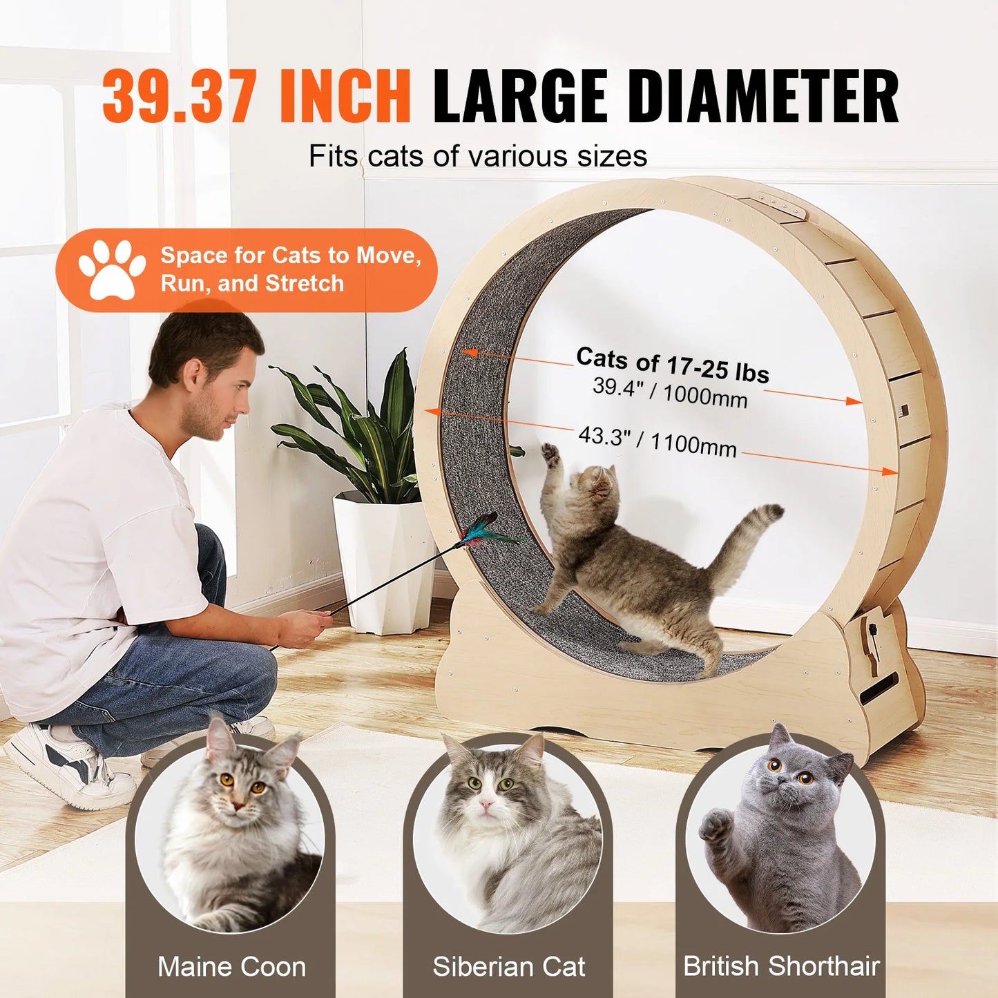 Wooden Cat Treadmill Wheel for Indoor Cat Running Wheel with Detachable Carpet & Cat Teaser